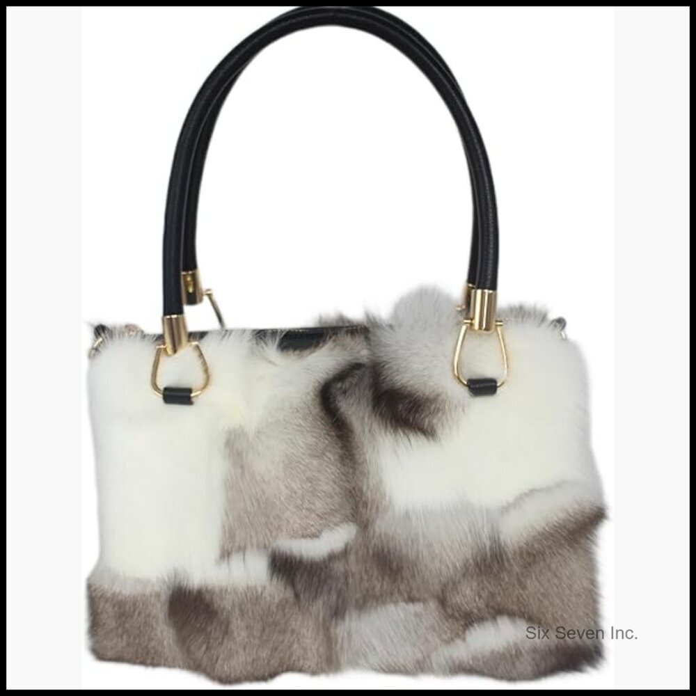 Genuine Fox Fur Handbag with Leather Handle, Shoulder Bag